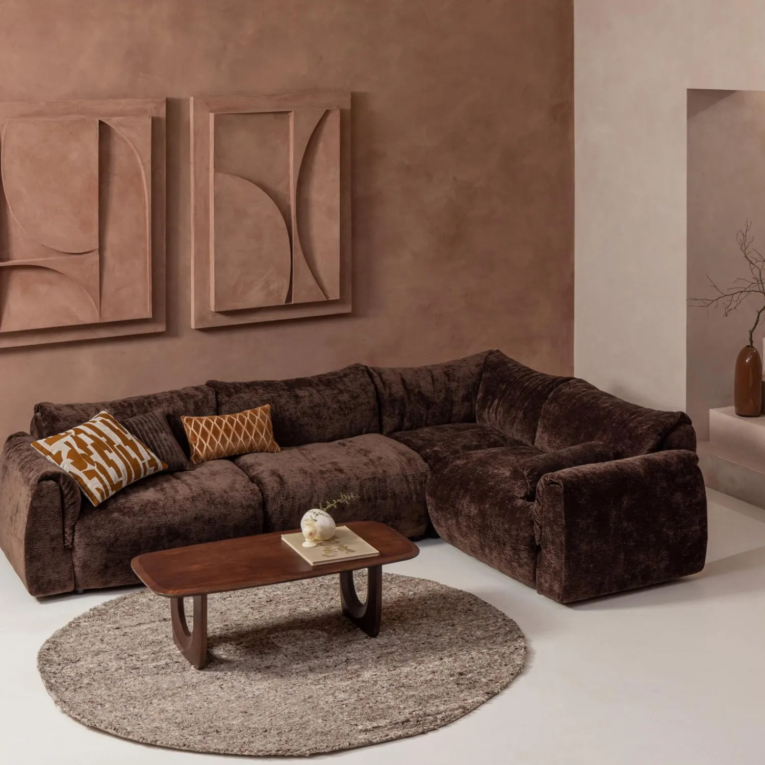 New WOOOD Baggy hoekbank rechts 3D chenille Donkerbruin