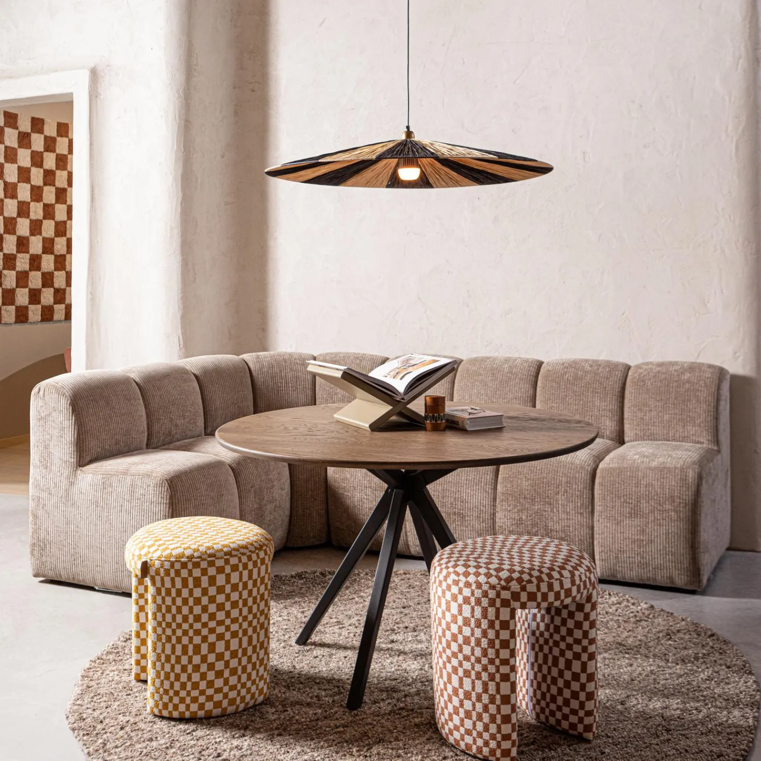 Outlet WOOOD Charlie gestoffeerde kruk ruit dessin Geel