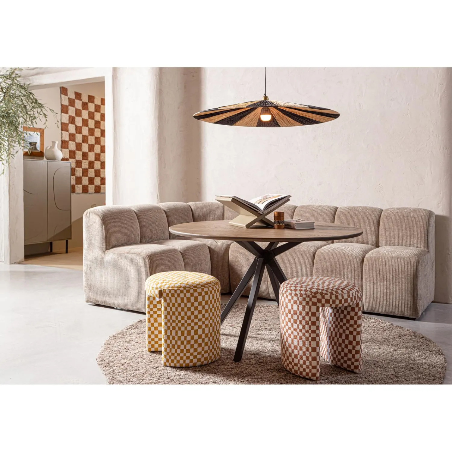 Outlet WOOOD Charlie gestoffeerde kruk ruit dessin Geel