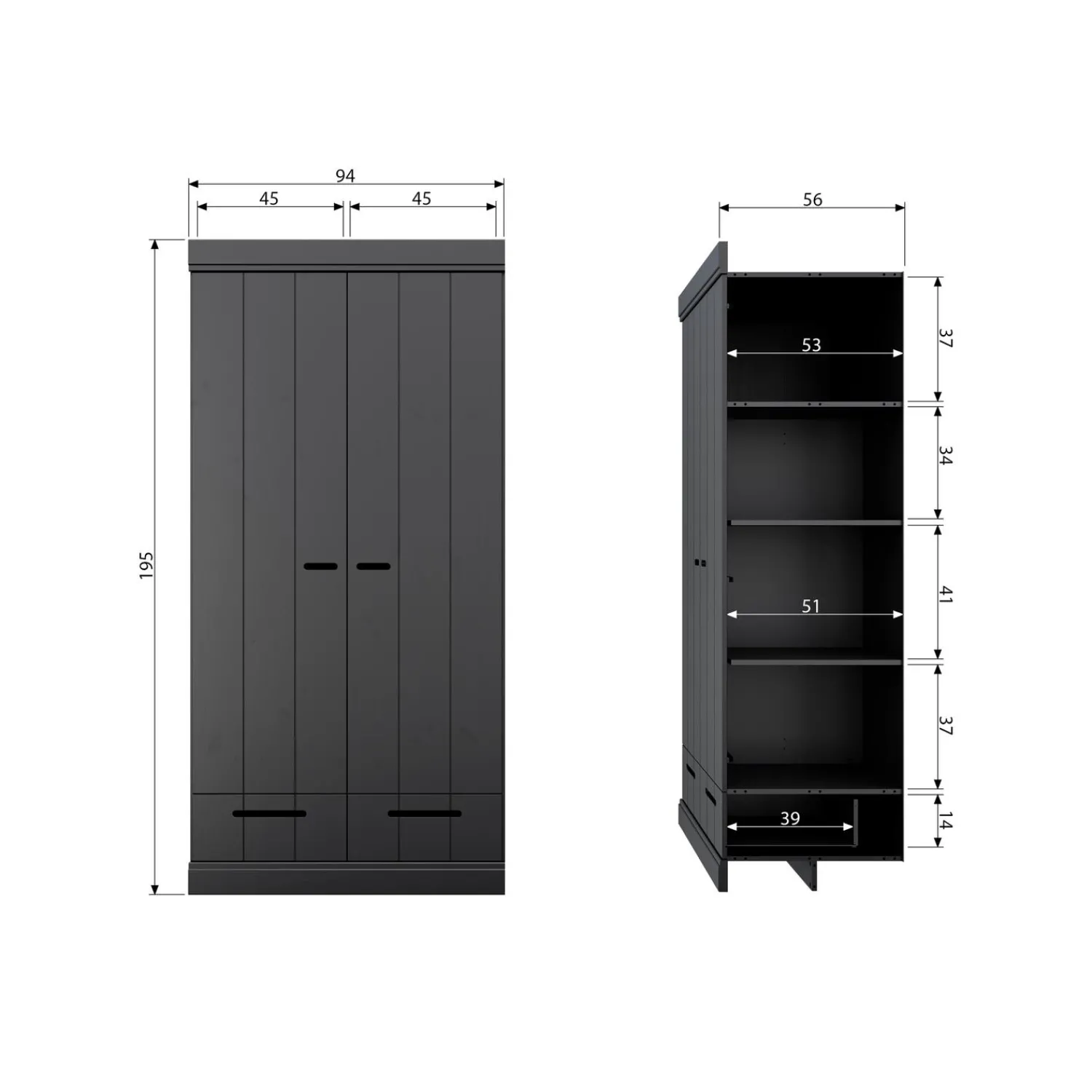 Clearance WOOOD Connect 2-deurs kledingkast + lade Zwart