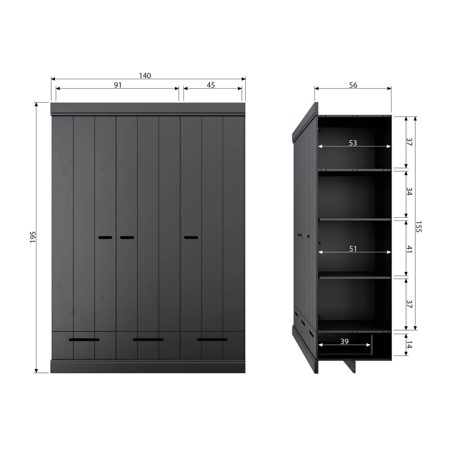 Hot WOOOD Connect 3-deurs kledingkast+ lade Zwart