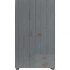 WOOOD Dennis kast met laden grenen steel grey leren greep Staalgrijs