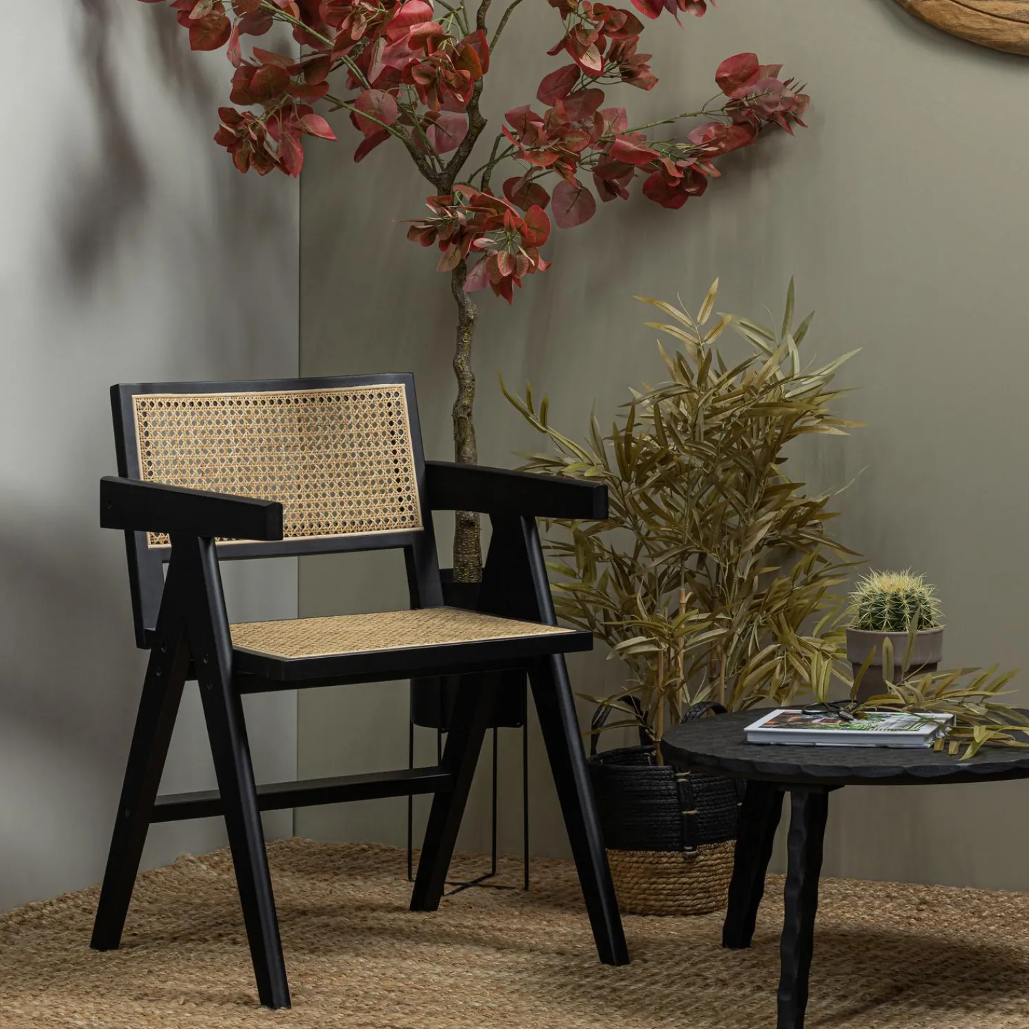 Hot WOOOD Gunn eetkamerstoel rattan/hout zwart