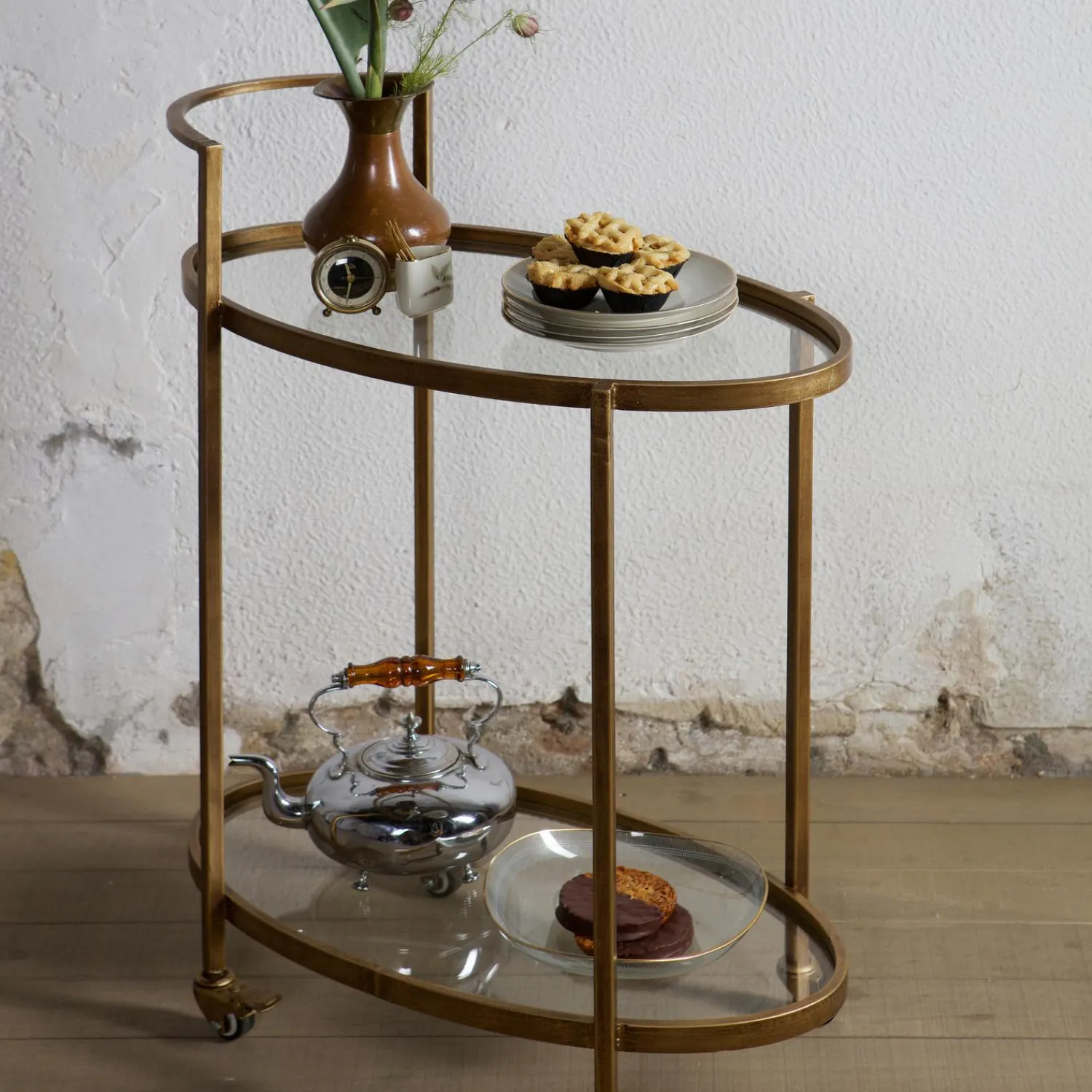 Sale WOOOD Push trolley metaal antique brass