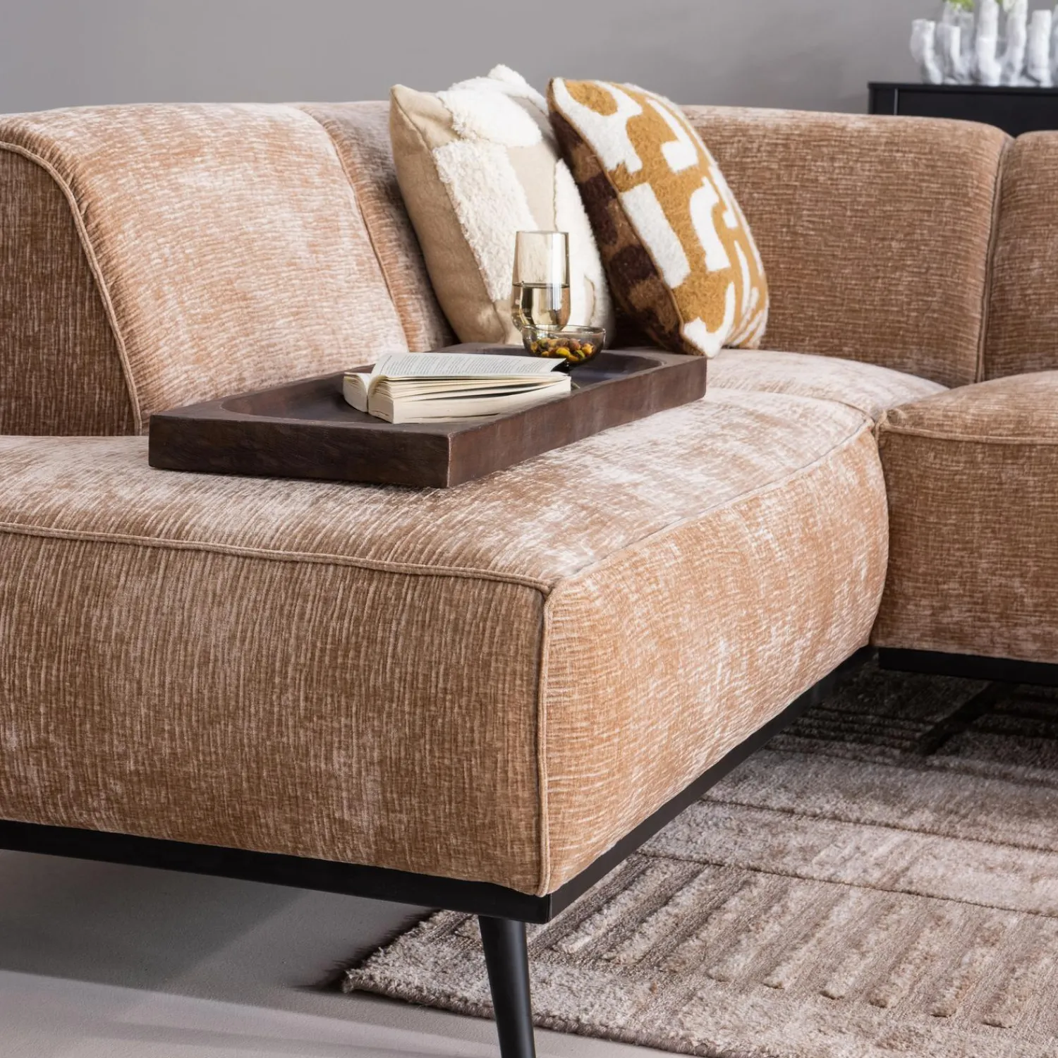 Discount WOOOD Statement hoekbank links chenille velvet perzik roze Perzikroze