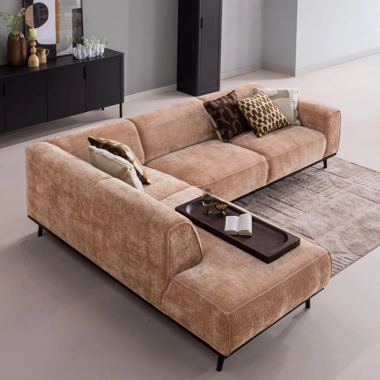 Discount WOOOD Statement hoekbank links chenille velvet perzik roze Perzikroze