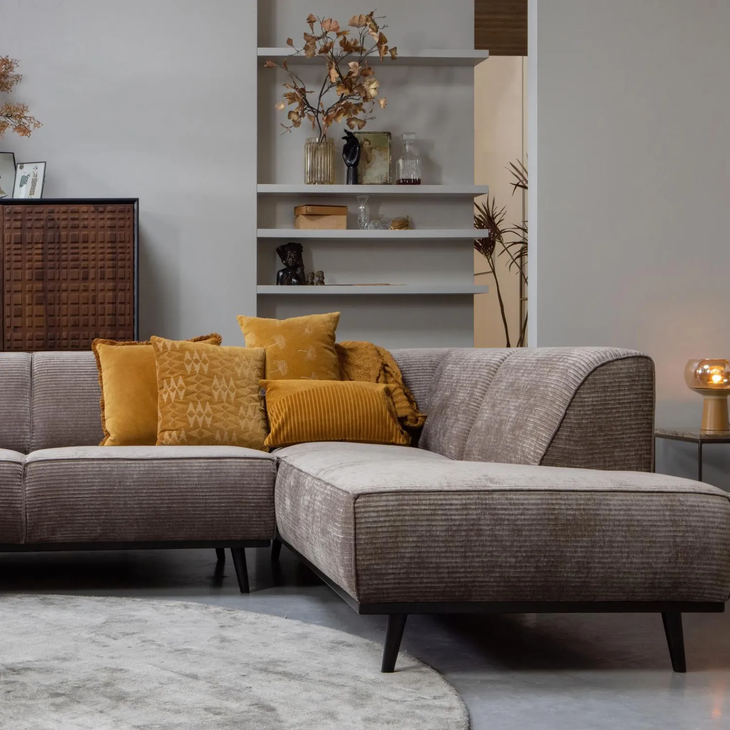 Discount WOOOD Statement hoekbank rechts ribstof Taupe