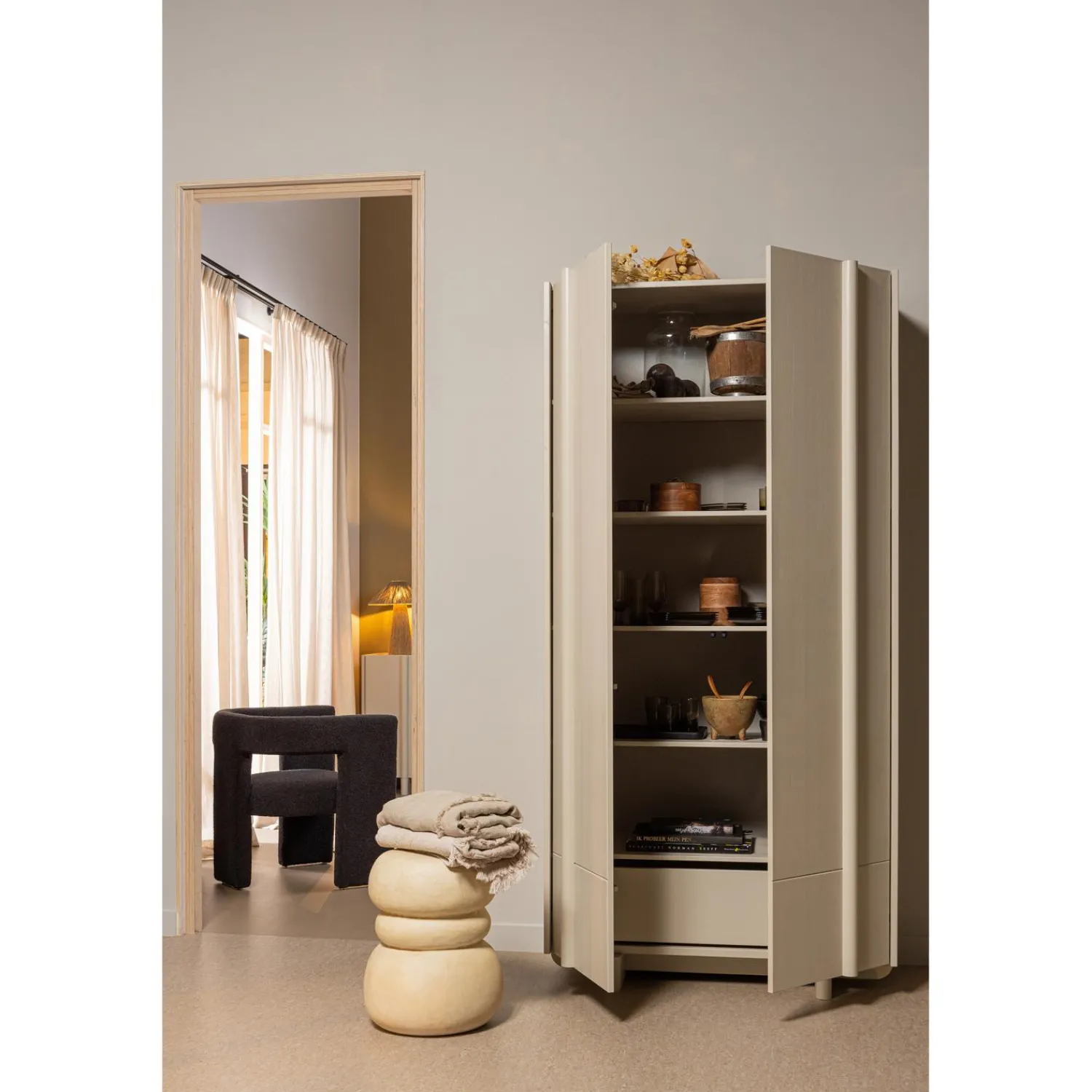 Outlet WOOOD Tiwa fauteuil bouclé Donkergrijs